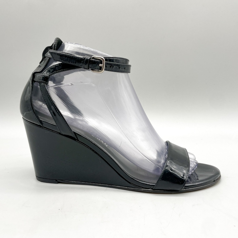 Stuart Weitzman Womens 7M Stappy Wedge Sandals Black Patent Leather Evening Shoe